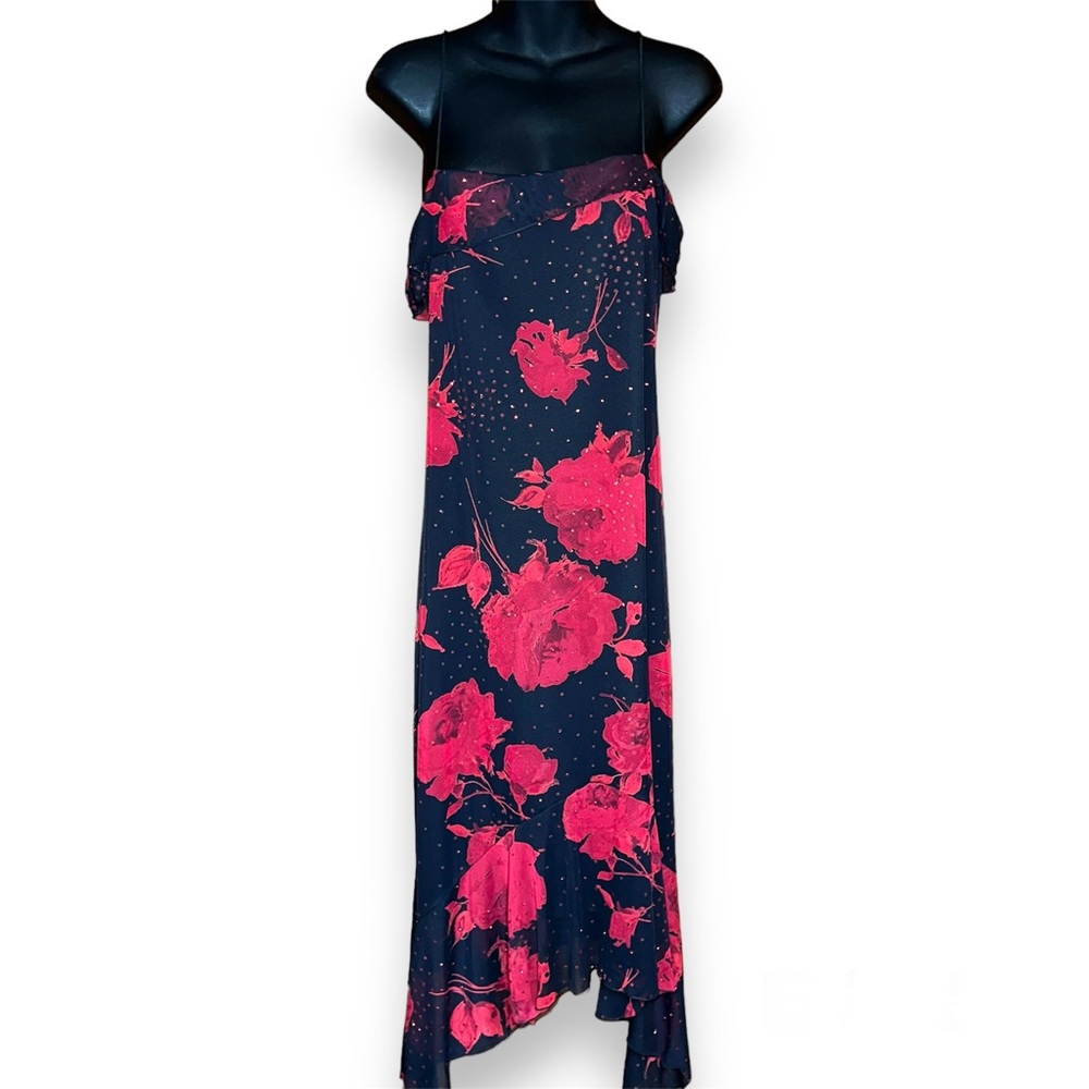 Beautiful 90s Byer Too Long Floral Red & Black Dress Large EUC